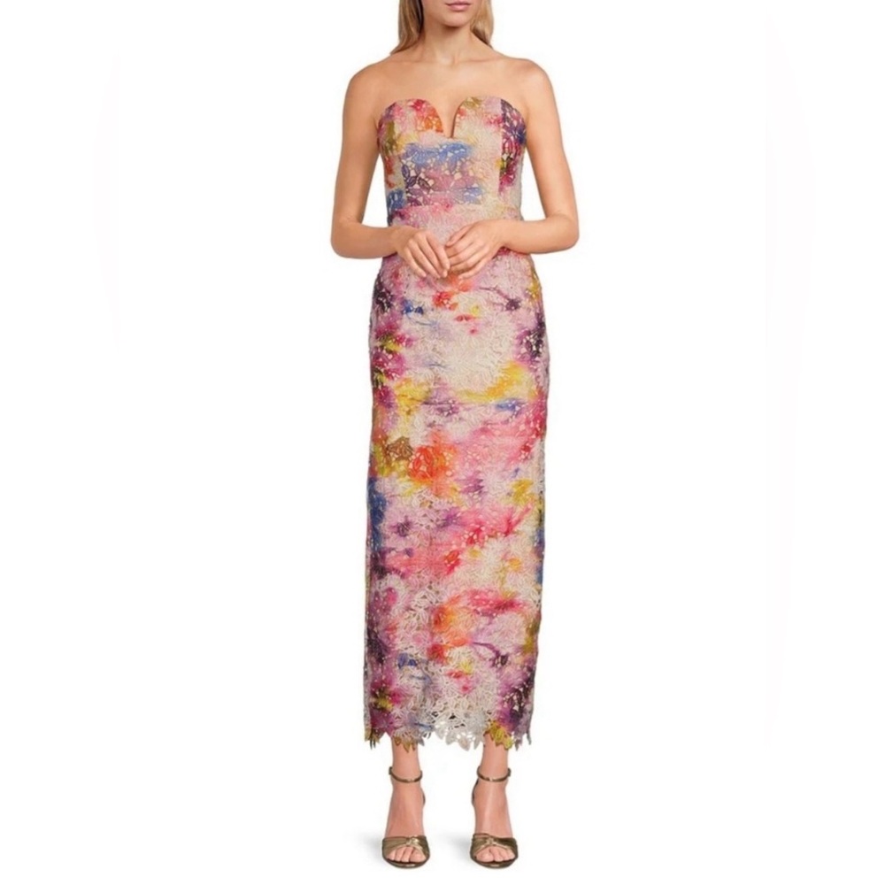 Badgley Mischka Sz 2 Stella Strapless Floral Lace Midi Dress Multicolor $229 NWT